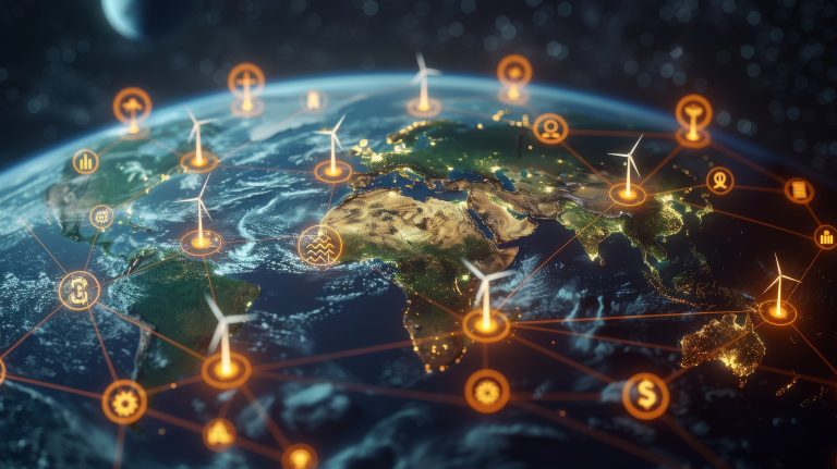 Global Renewable Energy Network: Visual Representation of Sustainable Power Sources Connecting Across Continents and Countries