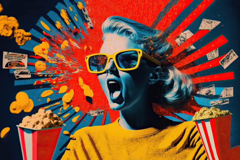 Woman in retro style with great enthusiasm watching a movie in a cinema with red chairs, expression, excited woman, modern art collage, contemporary photo collage, vintage, comic style, Generative AI