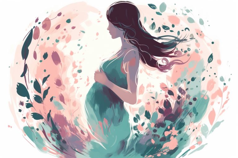 Silhouette of faceless pregnant woman in dress, flowers. Abstract art illustration of femininity, pregnancy