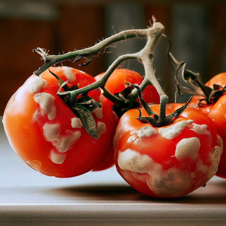 Red tomatoes on a branch with mold and fungus, on the kitchen table