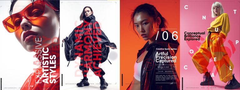 Stylish set of four fashion posters with bold typography and models in dynamic poses against vibrant backdrops. Typography poster design