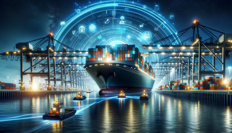 A futuristic cargo ship docks at a high-tech port with digital interfaces and a starry sky above.Logistics solutions in the future.AI generated