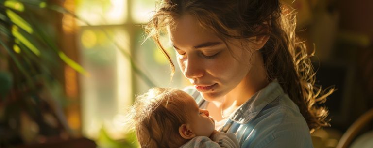 A young mother gently cradles her sleeping newborn in a peaceful, sunlit room, surrounded by the tranquility of nature